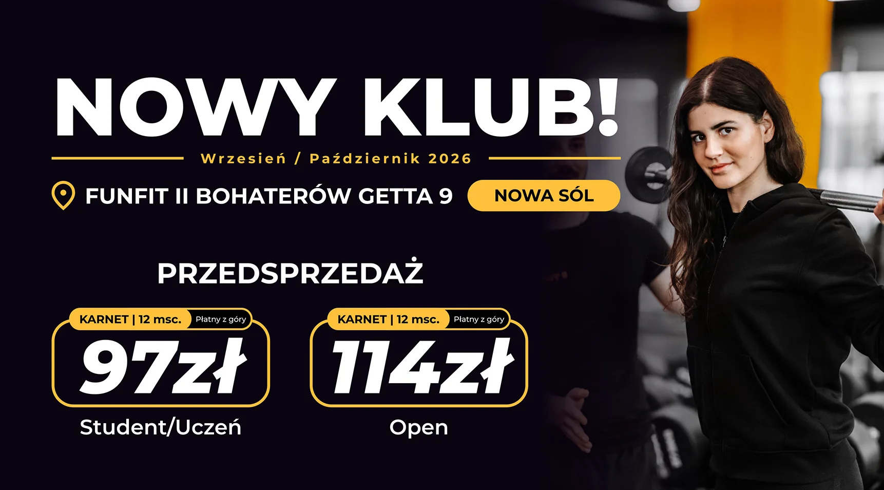 Baner: przedsprzedaż karnet&oacute;w w nowym klubie Funfit II Bohater&oacute;w Getta 9 w Nowej Soli