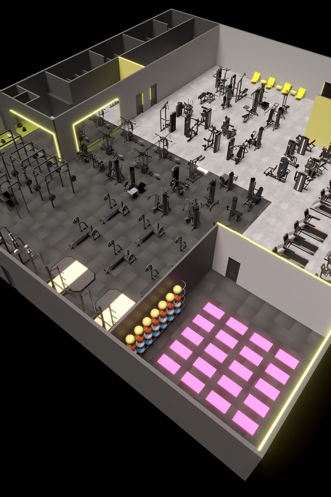 Układ klubu z salą zajęć grupowych (wizualizacja 3D) – Funfit II Bohaterów Getta 9 w Nowej Soli